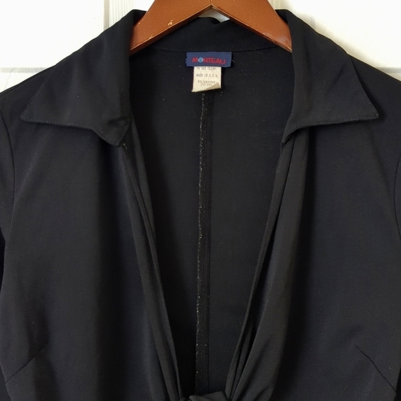 Monteau 90's Vintage Collared Plunging V-neck Tie Front Cropped Long Sleeve Top - Picture 2 of 10